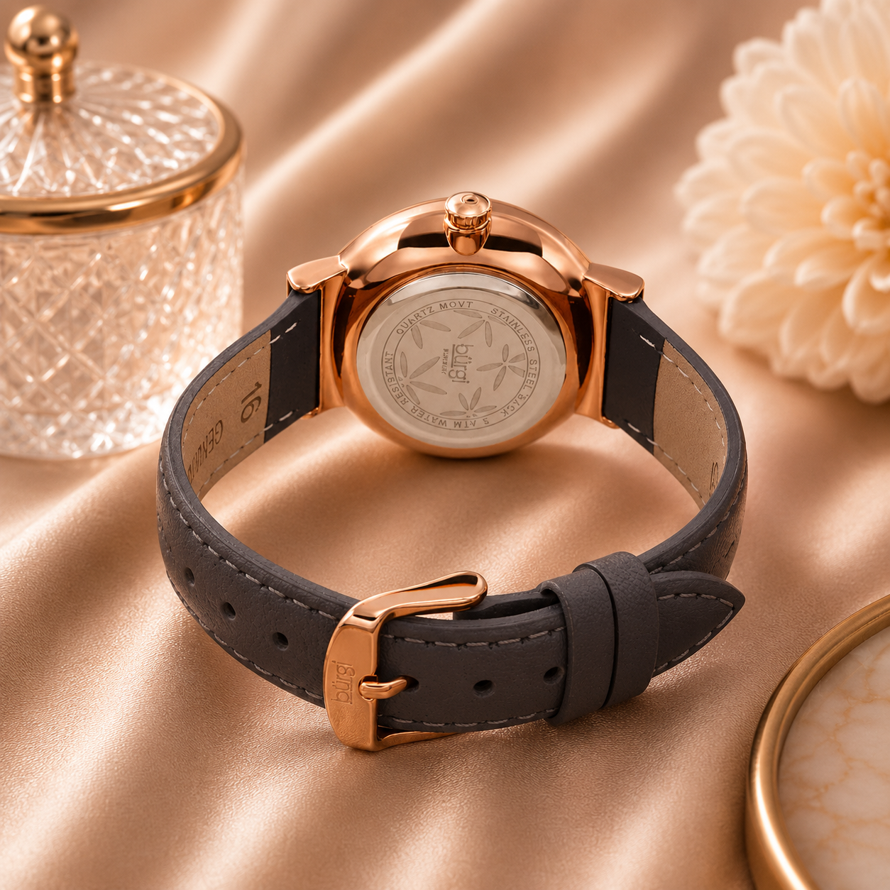 Burgi Grey Dial Grey Leather Ladies Watch