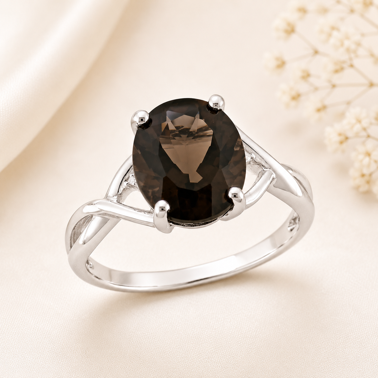 Amour 3 3/4 CT TGW Oval Cut Smokey Quartz and Diamond Accent Ring In