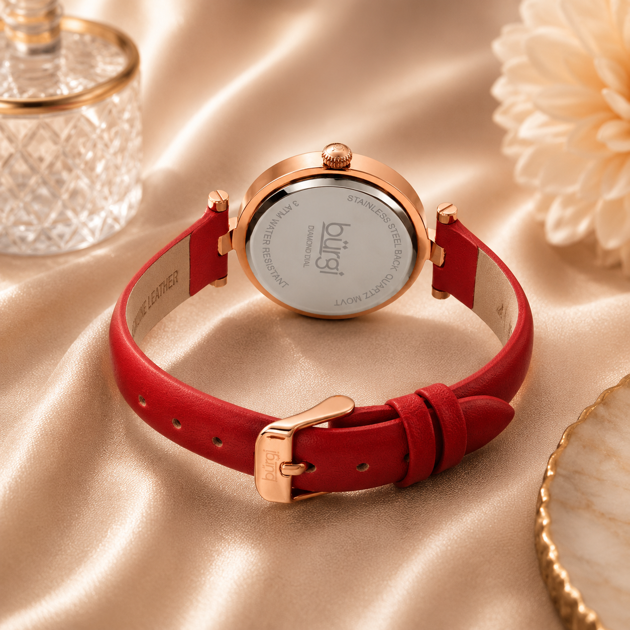 Burgi Quartz Diamond Red Dial Red Leather Ladies Watch