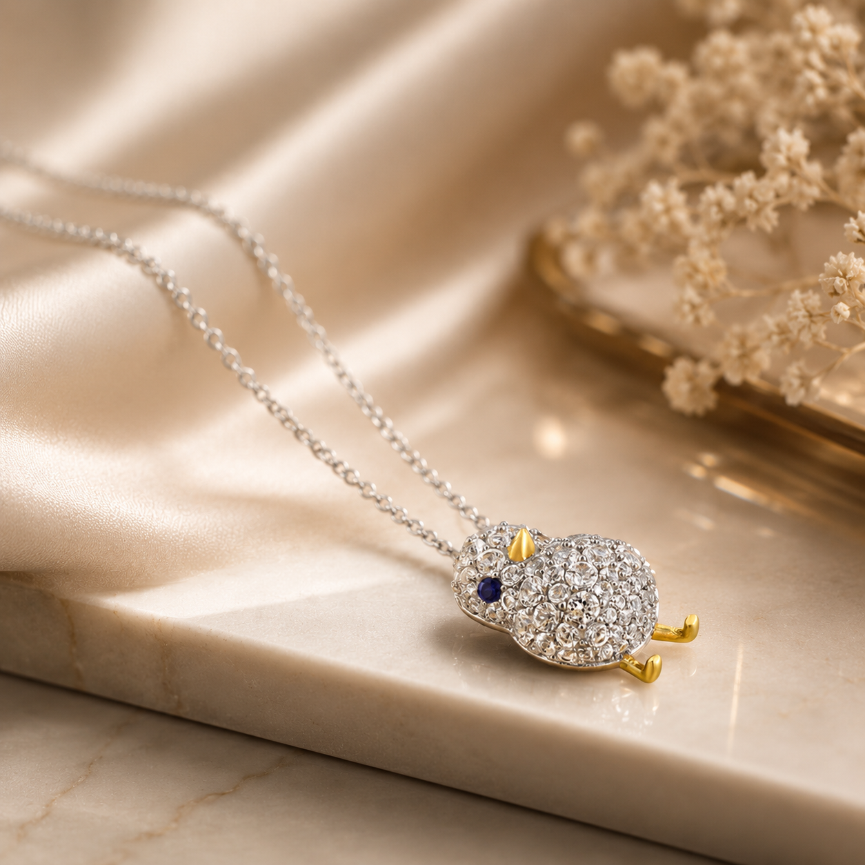 Amour  2 3/4 CT TGW Created Blue and White Sapphire Chick Necklace In 2-Tone White and Yellow Plated Sterling Silver