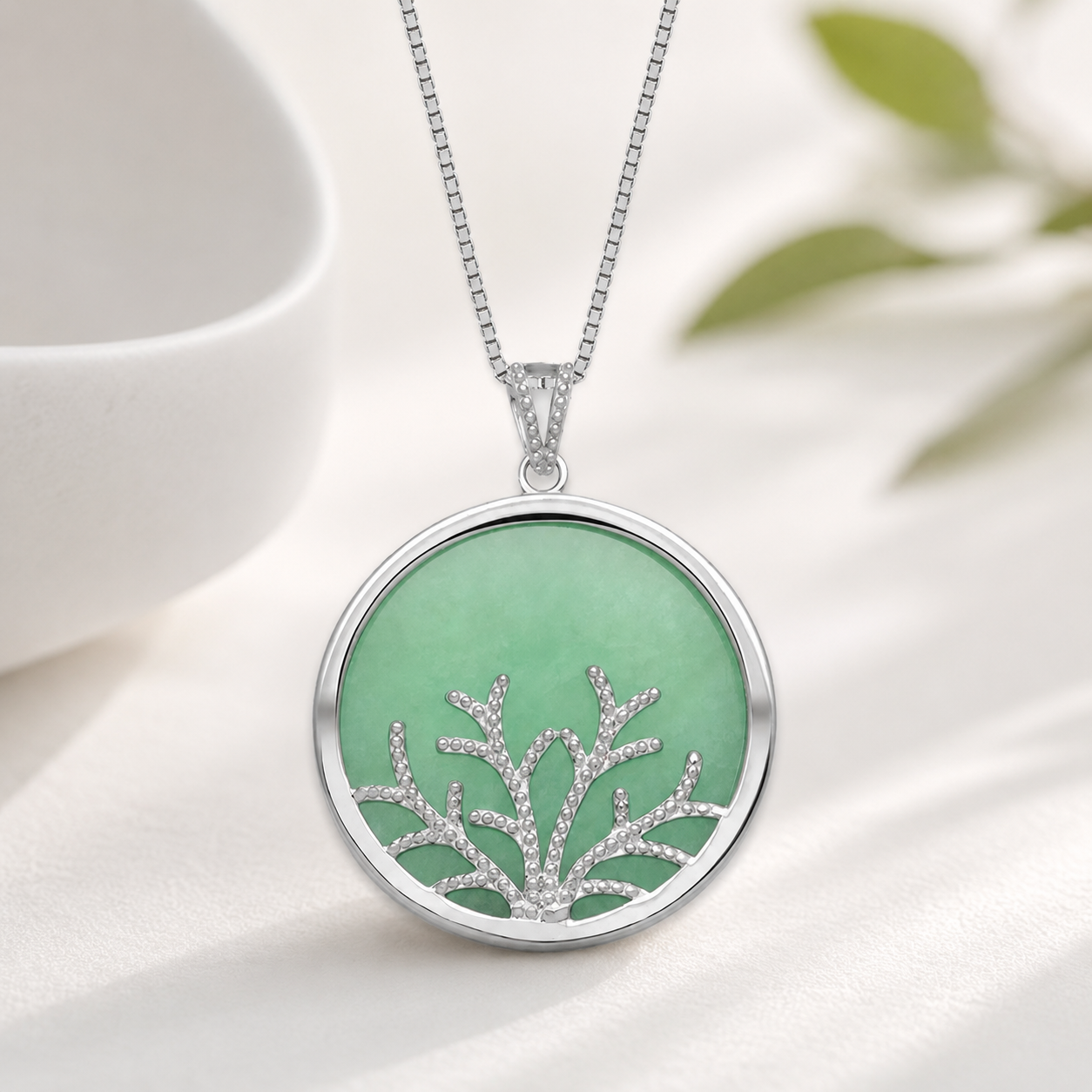 Belacqua Natural Green Jade Tree of Life Pendant Necklace in Sterling Silver, 18 Inches Box Chain, Gift Box Included