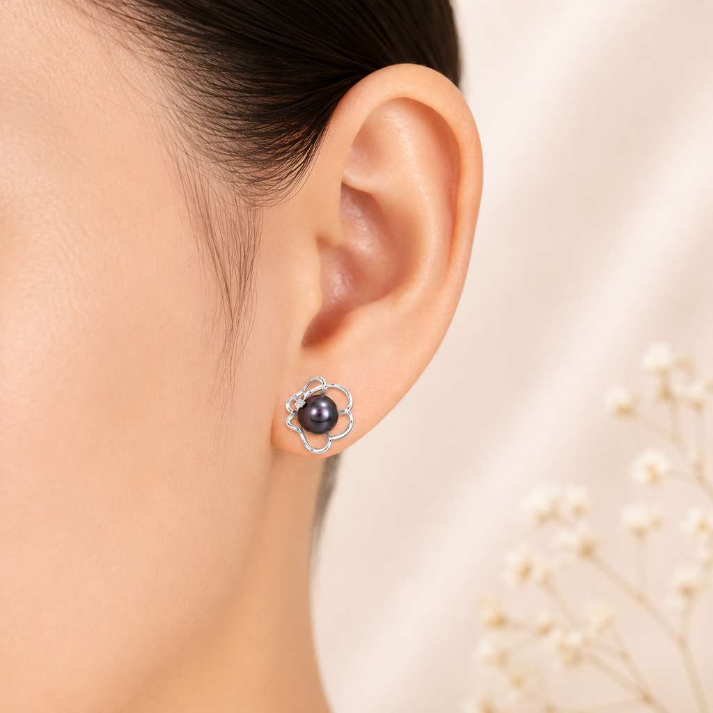 Amour  7.5-8mm Black Freshwater Cultured Pearl and White Topaz Floral Stud