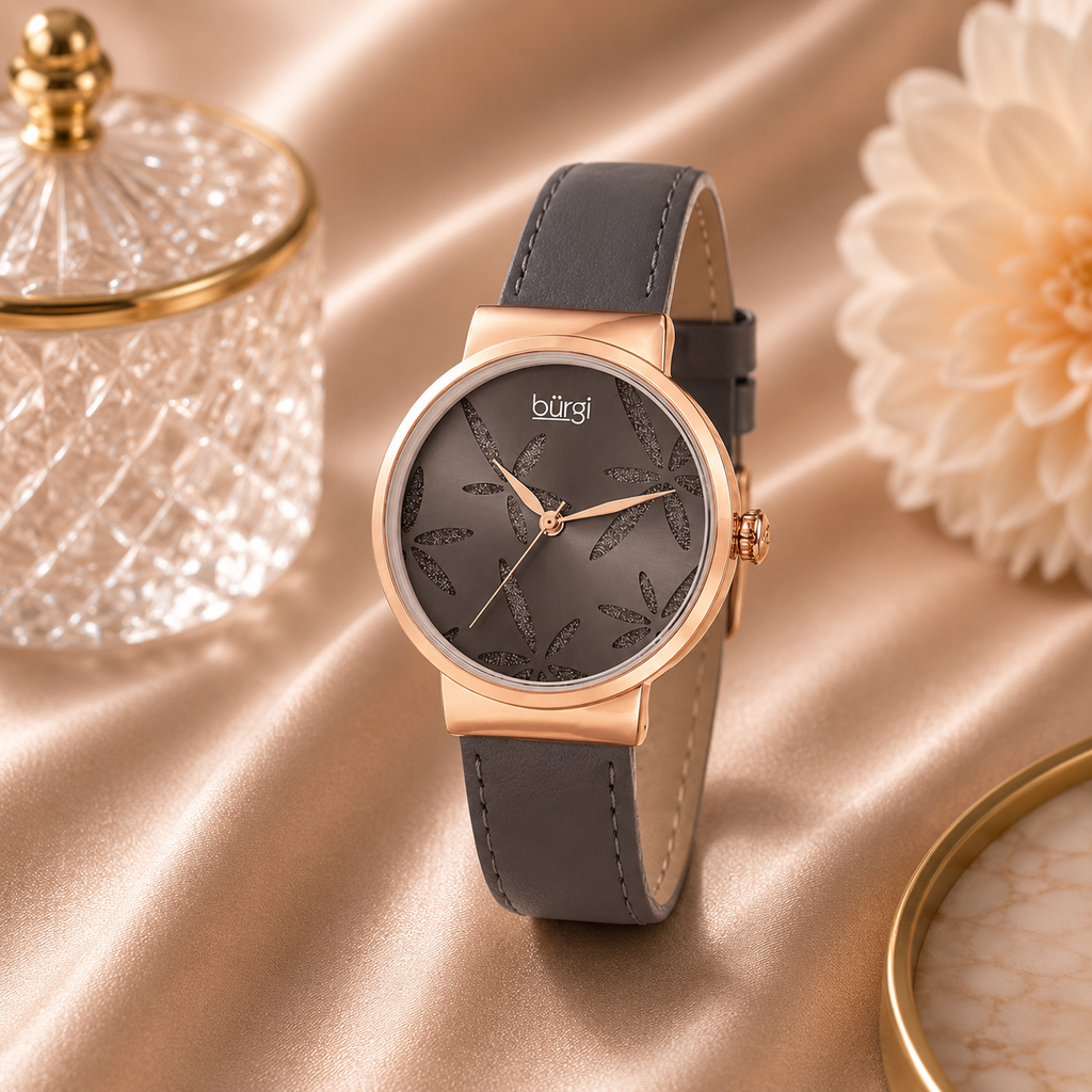 Burgi Grey Dial Grey Leather Ladies Watch