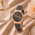 Burgi Grey Dial Grey Leather Ladies Watch