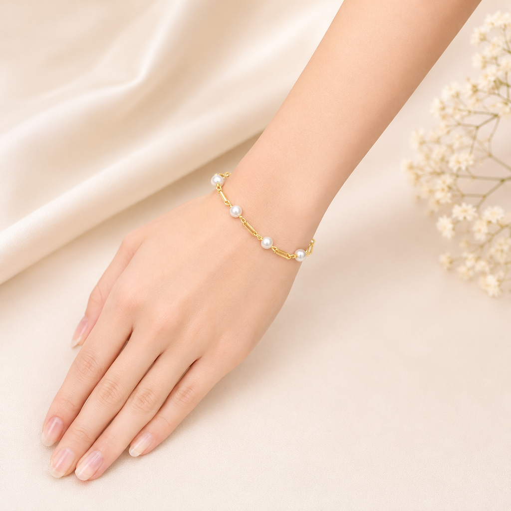 Amour 7-7.5mm Cultured Freshwater Pearl Station Link Bracelet In Yellow Plated Sterling Silver