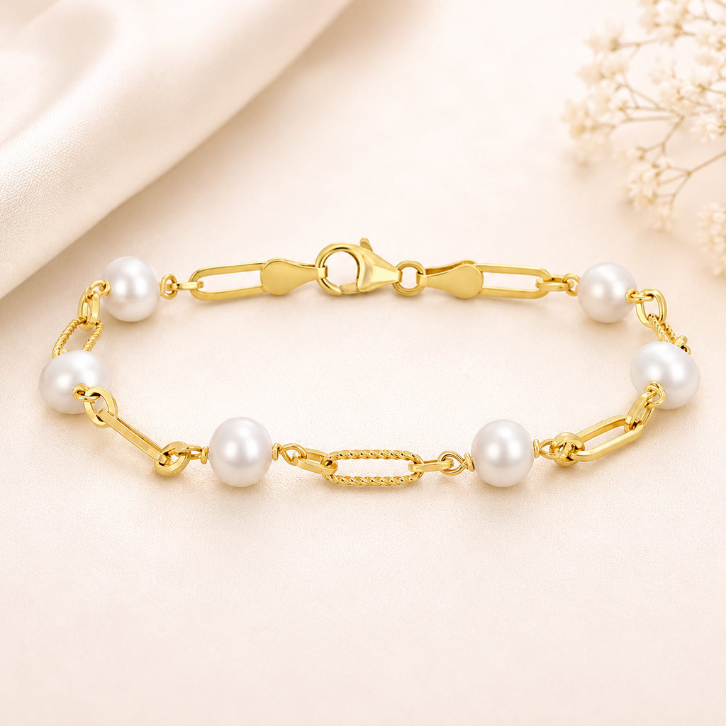 Amour 7-7.5mm Cultured Freshwater Pearl Station Link Bracelet In Yellow Plated Sterling Silver